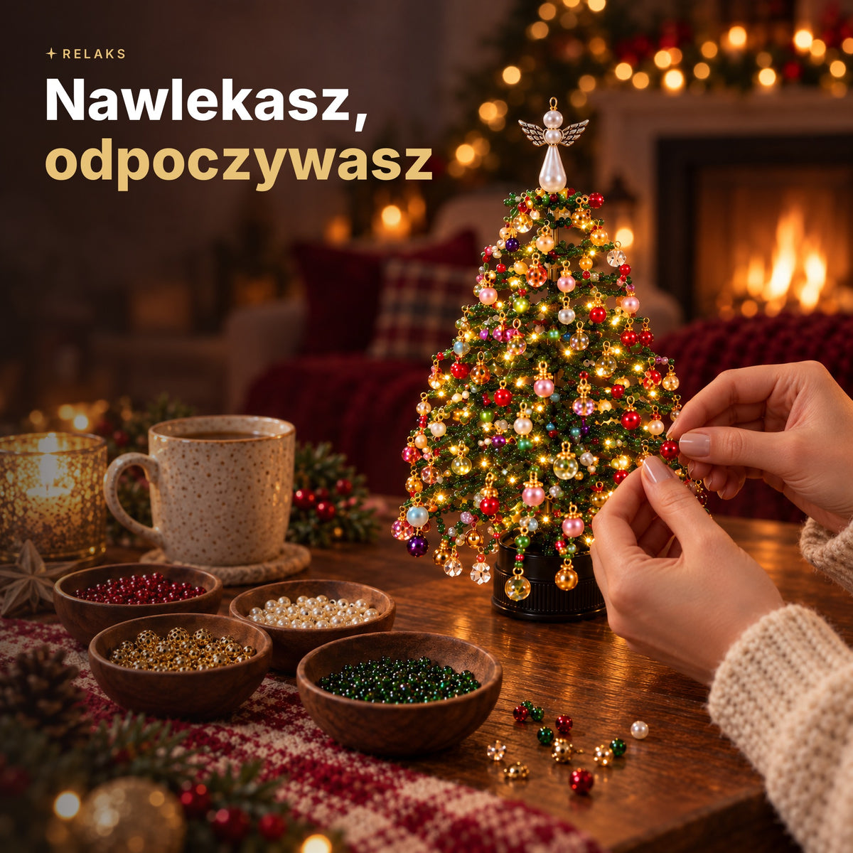 Nawlekanie koralików na gałązki choinki przy herbacie